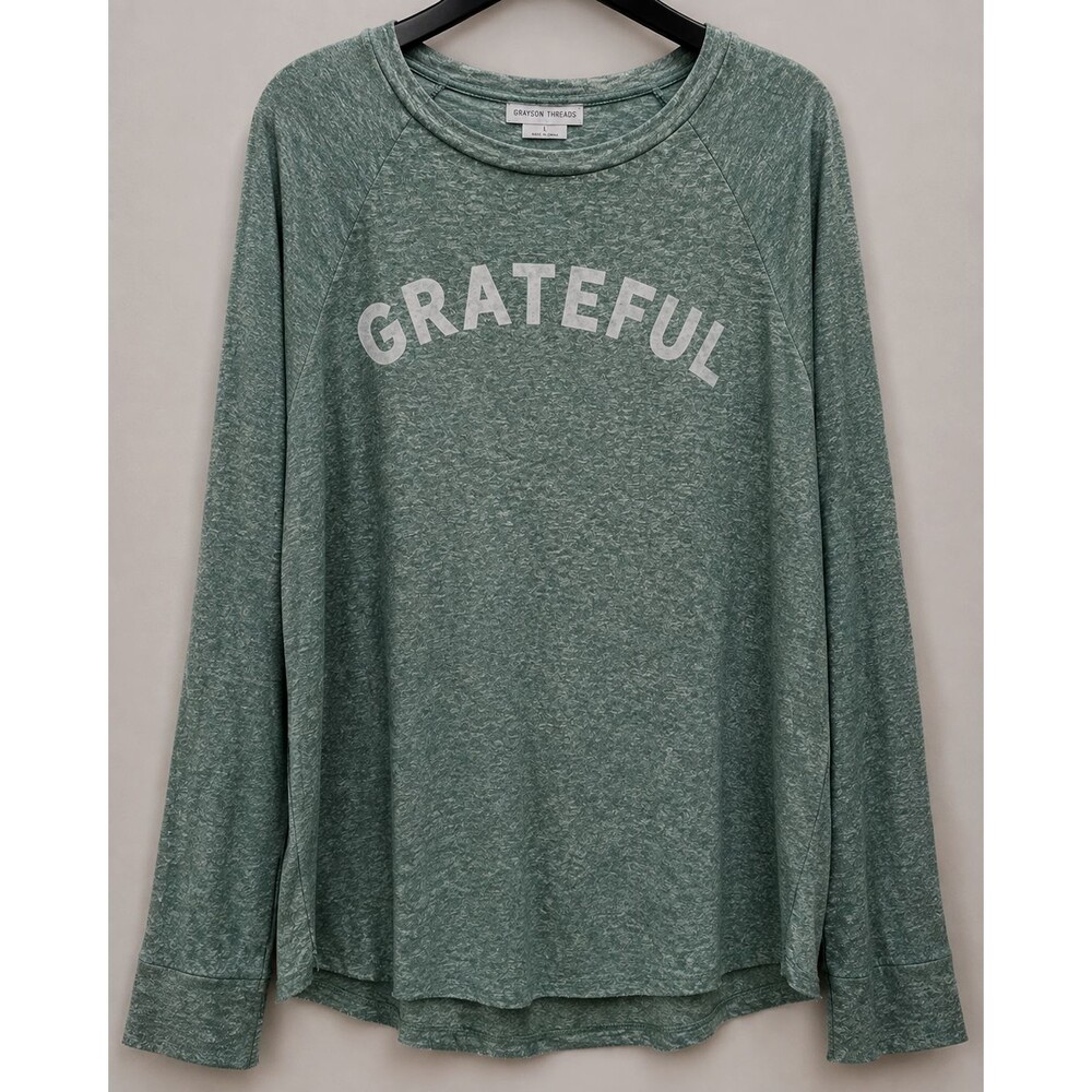 Grayson Threads Grateful Top Womens L Green Long Sleeve Raw Hem Casual Shirt